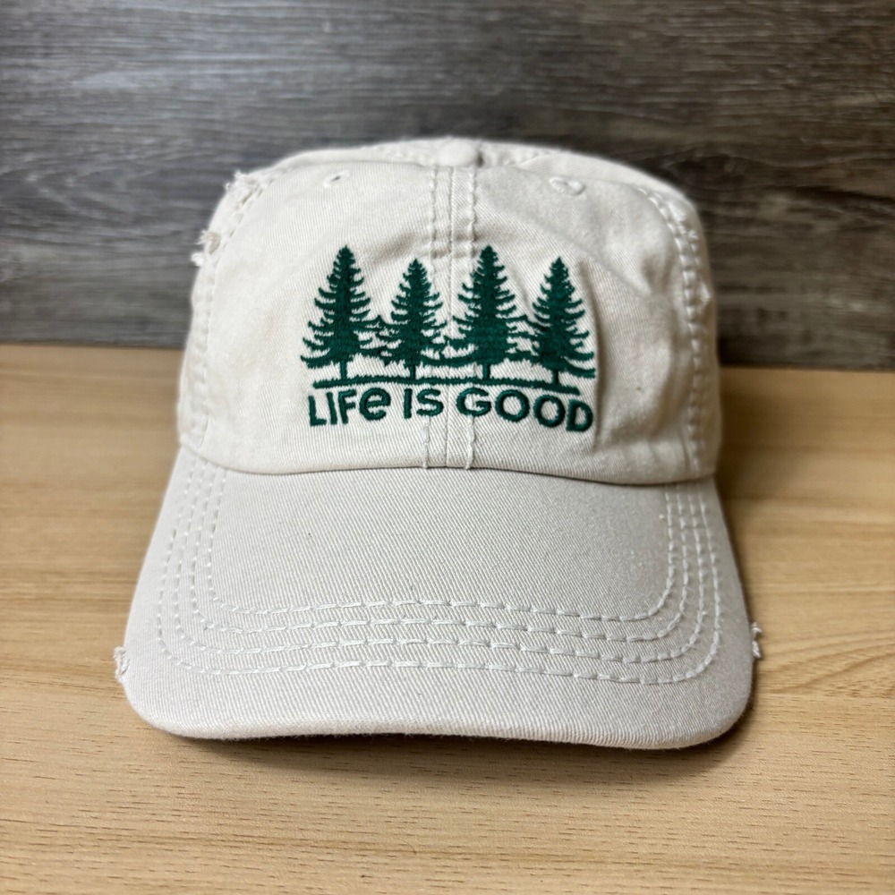 Life is Good Hat Cap Strap Back Beige Forest Forestry Camp Jake Distressed